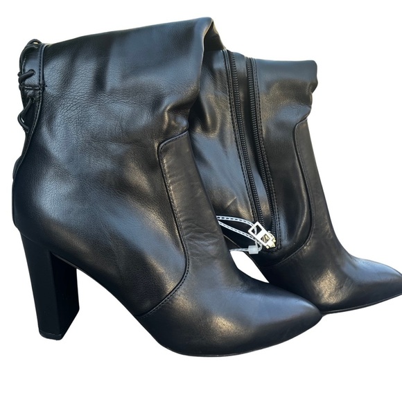 KURT Geiger Pointed Toe Knee High Lace-Up Black Leather High Block Heeled Boots - Picture 6 of 16